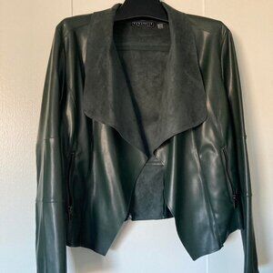 Bagatelle Collection forest green faux leather and suede drape-front moto jacket